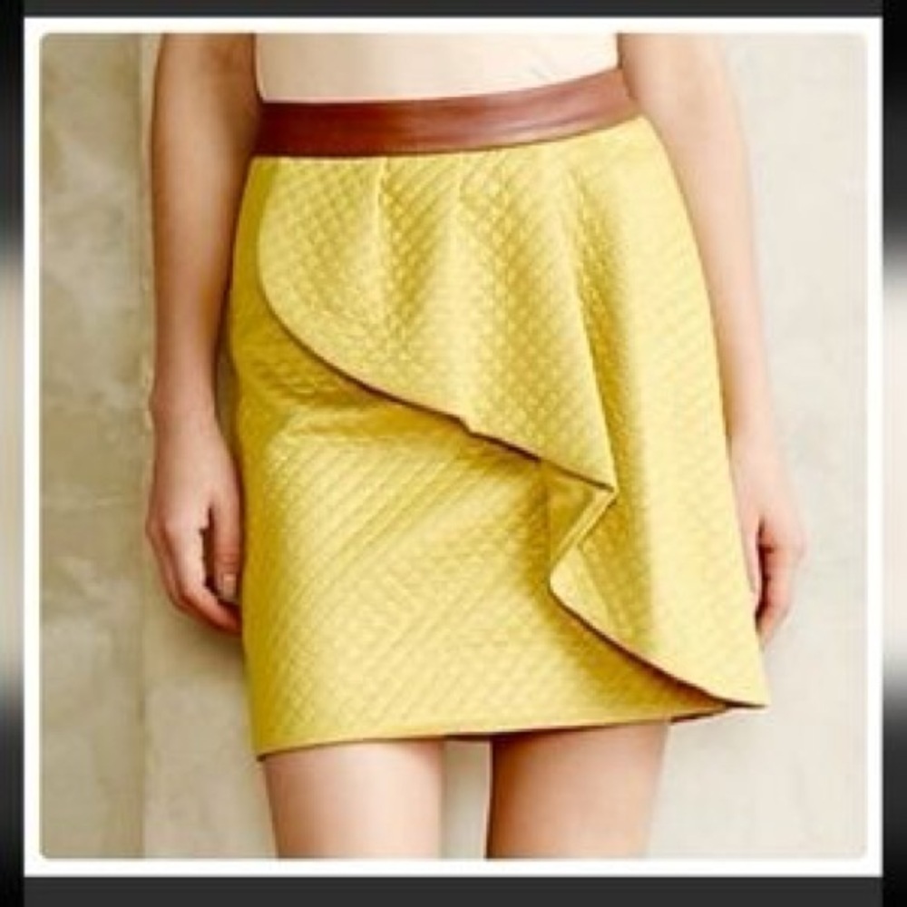 Elegant Yellow Quilted Skirt with Brown Waistband